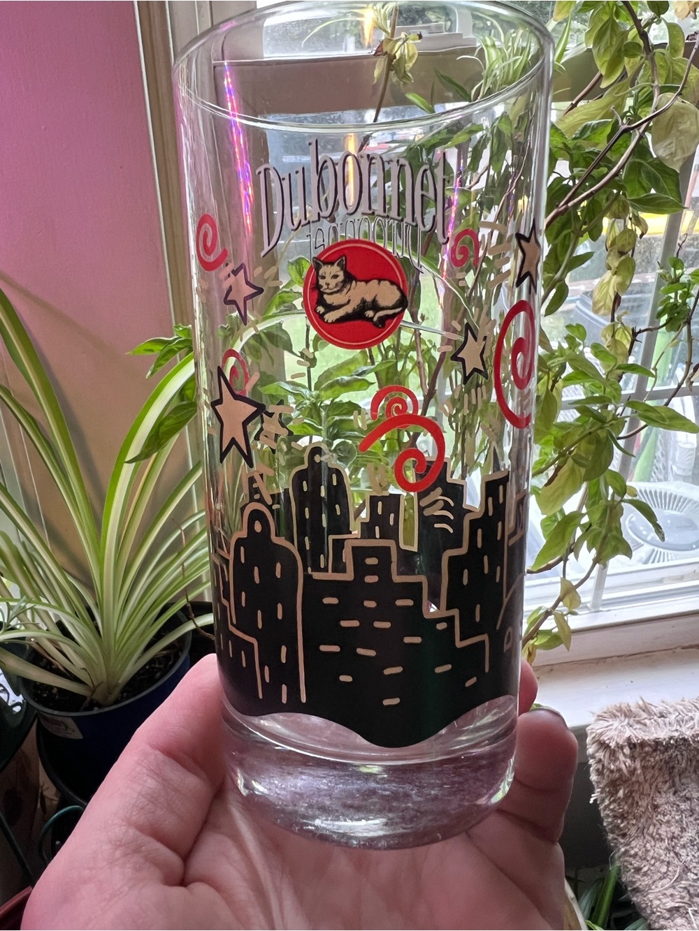 DUBONNET Cat in Moon Skyline Glass Tumbler - Vintage